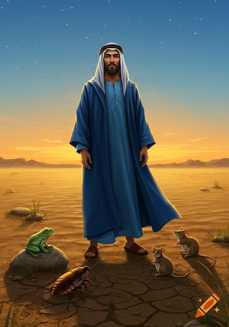 Illustrated man in blue robes and keffiyeh stands in a cracked desert with a frog, cockroach, and two mice.