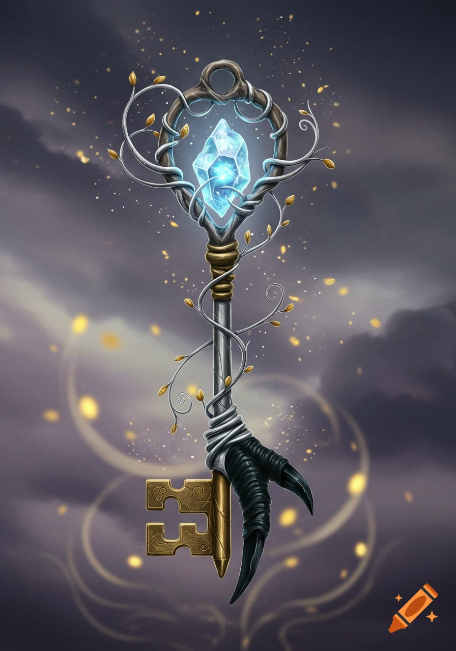 Ornate fantasy key with a glowing blue crystal, intertwined vines, golden leaves, and a black claw grip against a dark, cloudy sky.