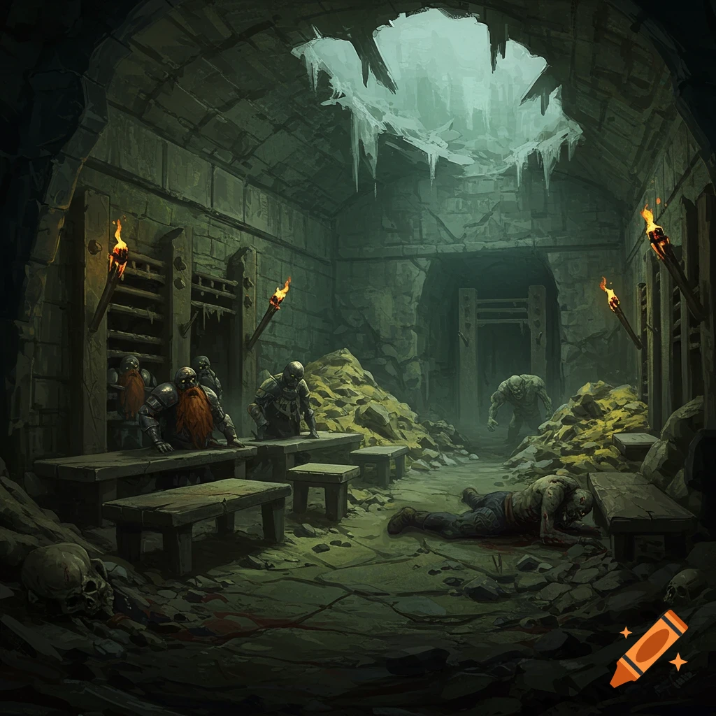 Dark fantasy illustration of a ruined underground guardroom. Dwarf zombies, an ogre zombie, and a prone body are surrounded by rubble and splintered benches, lit by torches.