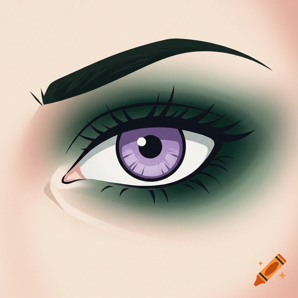 A stylized anime eye with a light purple iris, dark green eyeshadow, and a dark eyebrow.