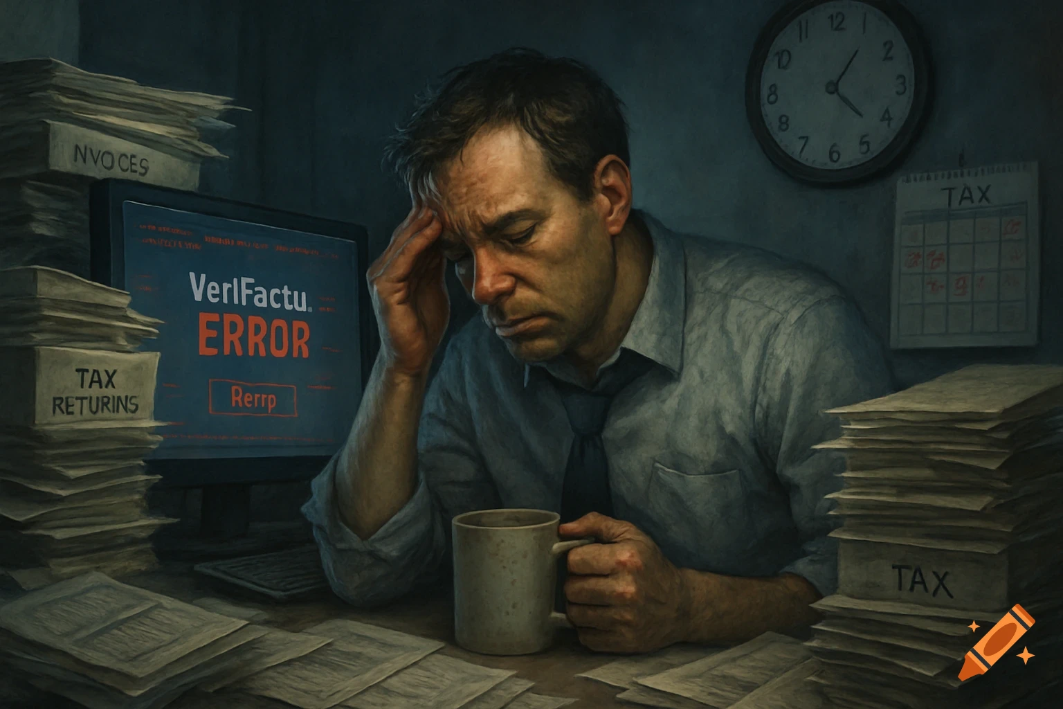 A stressed tax advisor with a tired expression sits in a messy office, surrounded by stacks of papers. His computer screen shows "VeriFactu. ERROR" with other garbled text. He holds a mug while rubbing his temple. A clock shows late hours.