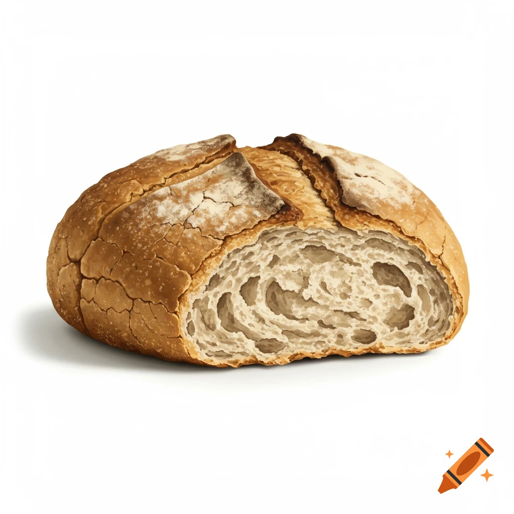 A rustic loaf of bread, cut in half to show the crumb, on a white background.