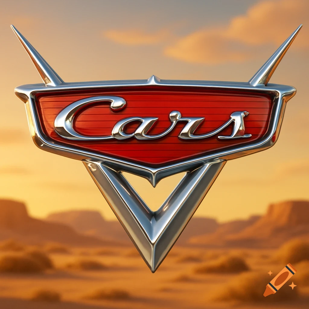 A shiny chrome and red 3D logo for the movie "Cars" with two chrome spikes, set against a desert landscape at sunset.