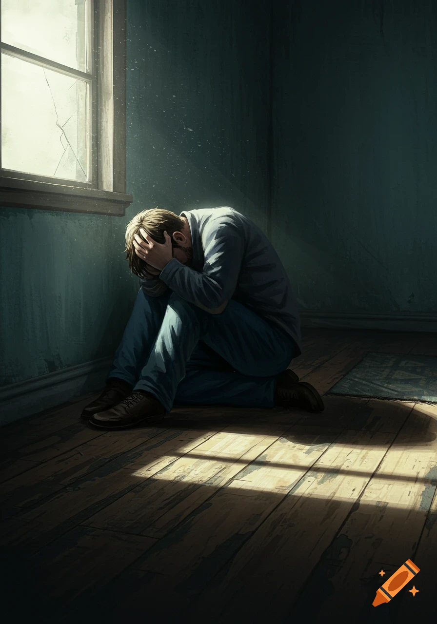 A man sits hunched on a wooden floor in a dimly lit room with his head in his hands, light streams from a broken window.