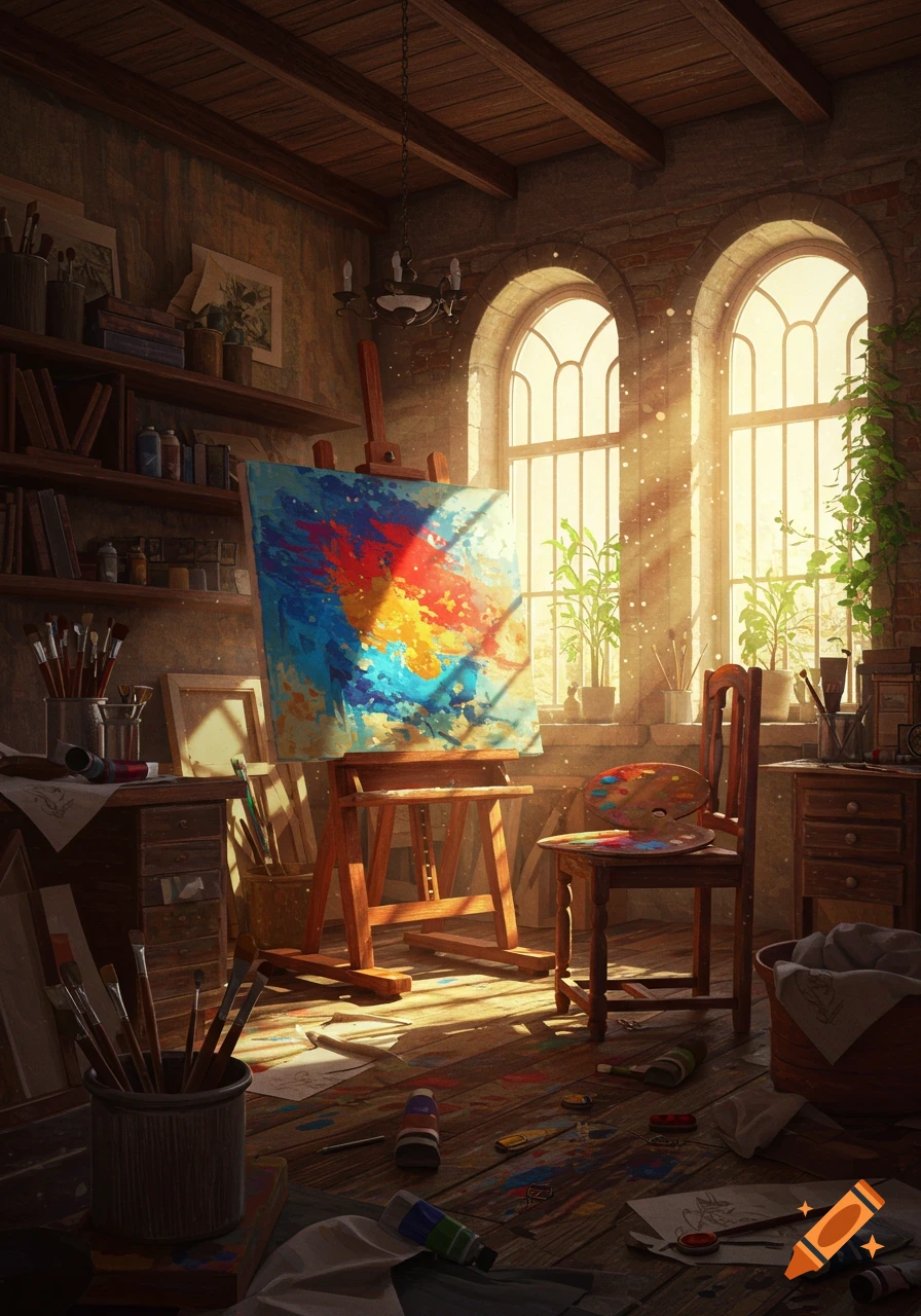 Sunlit artist's studio with an abstract painting on an easel, brushes, paints, and an old wooden chair.