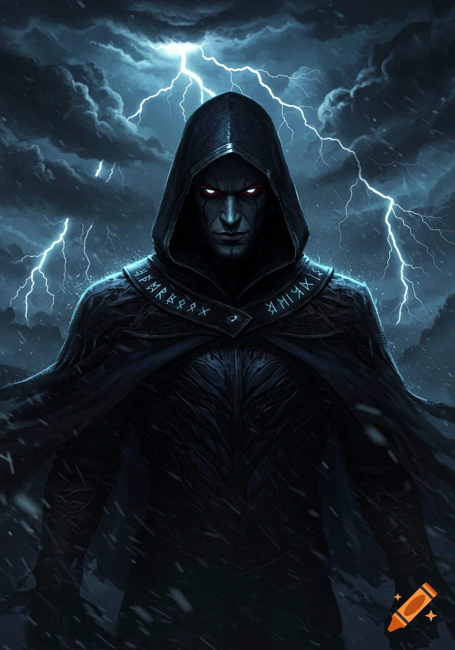 A dark hooded figure with glowing red eyes stands menacingly against a stormy sky with bright lightning in a dark fantasy illustration.