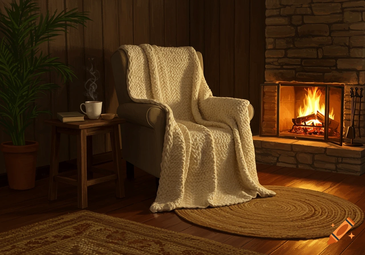 Cozy armchair with a cream blanket next to a warm fireplace, a side table with a steaming mug, books, and a plant in a dimly lit room. Digital painting.