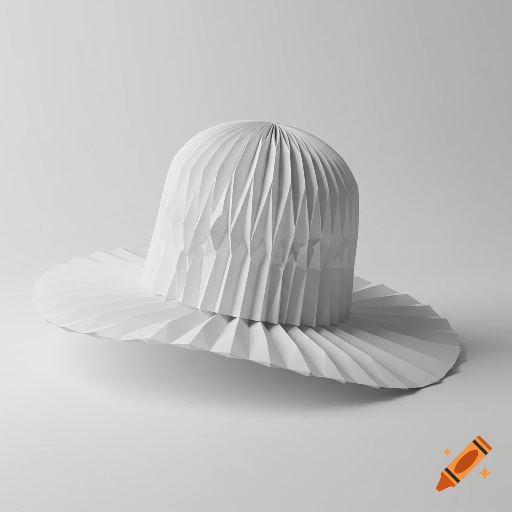 A white paper hat with intricate pleats forming a sculptural, dome-shaped crown and a wide, pleated brim, set against a plain white background.