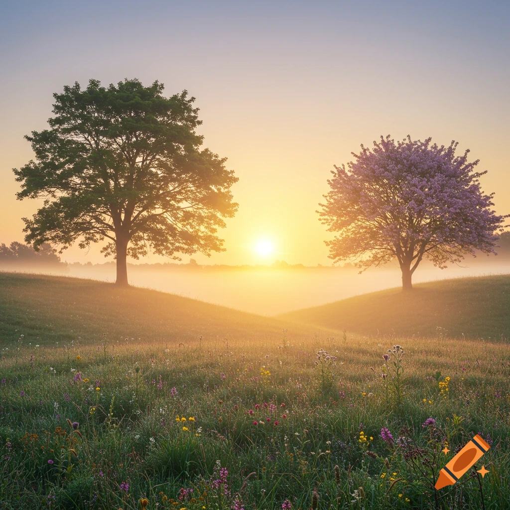Photorealistic image of a misty meadow at sunrise with two trees, one green and one flowering pink, and colorful wildflowers.