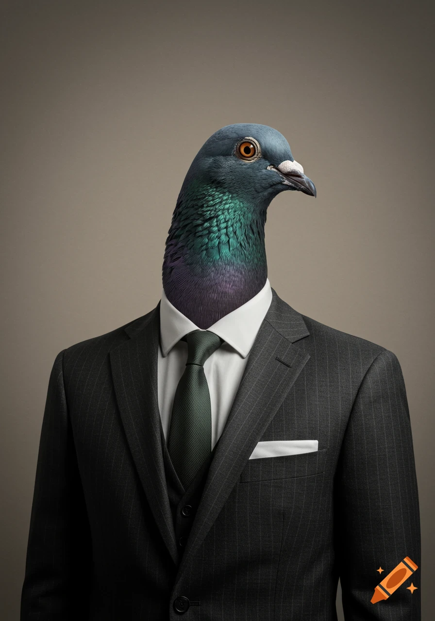 Photorealistic portrait of a pigeon head on a man's body, wearing a dark pinstripe suit, white shirt, and dark green tie.