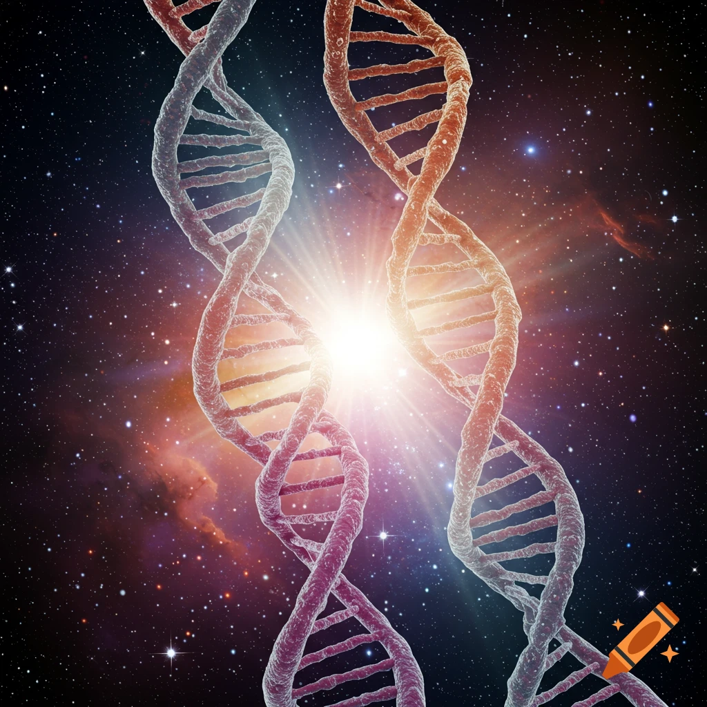Two intertwining DNA double helix strands illuminated by a bright starburst in a galaxy full of stars and nebulae.