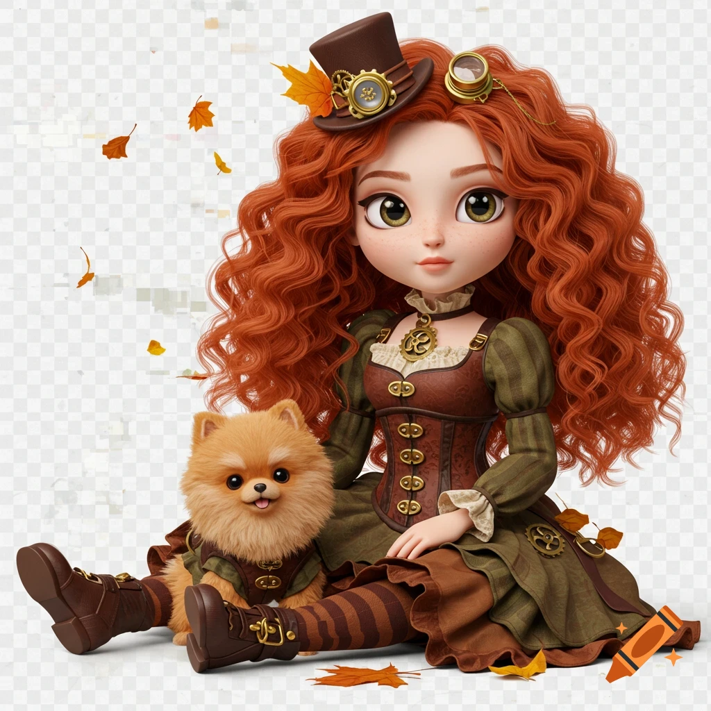 A cute 3D render of a steampunk girl with red curly hair sitting next to her Pomeranian puppy, with autumn leaves falling.