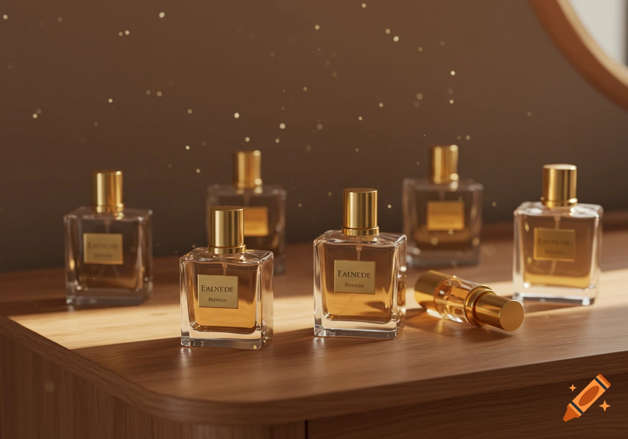 Photorealistic image of several square perfume bottles with gold caps and labels arranged on a wooden vanity table, with sparkling lights.