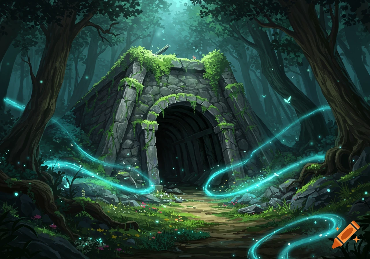 Fantasy anime style art of a moss-covered stone mine entrance in a dark, ethereal forest with glowing blue light trails.