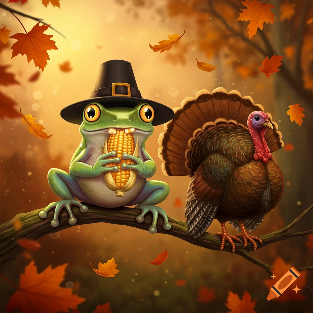 Animated frog in a pilgrim hat eats corn next to a turkey on an autumn branch with falling leaves.
