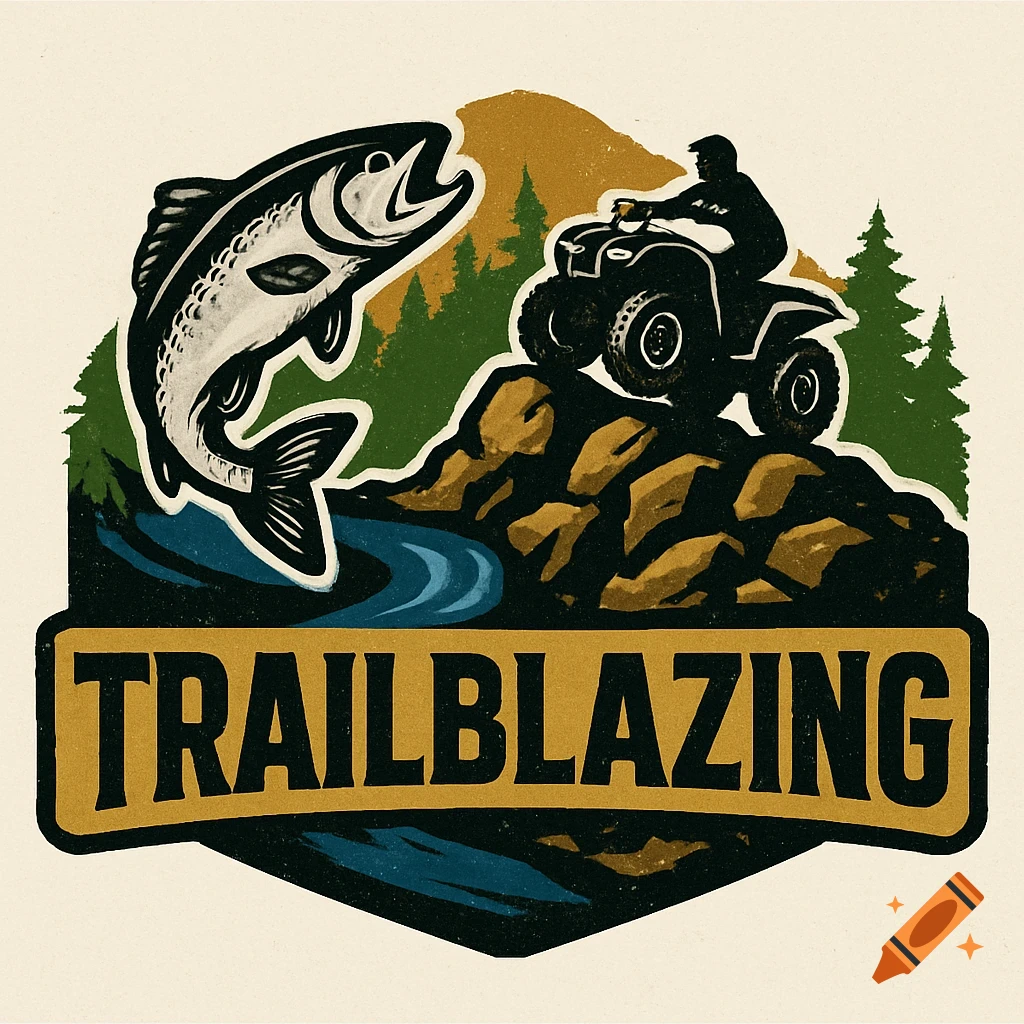 Distressed vintage outdoor recreation logo with a jumping fish, ATV rider on rocks, trees, and 'TRAILBLAZING' text.