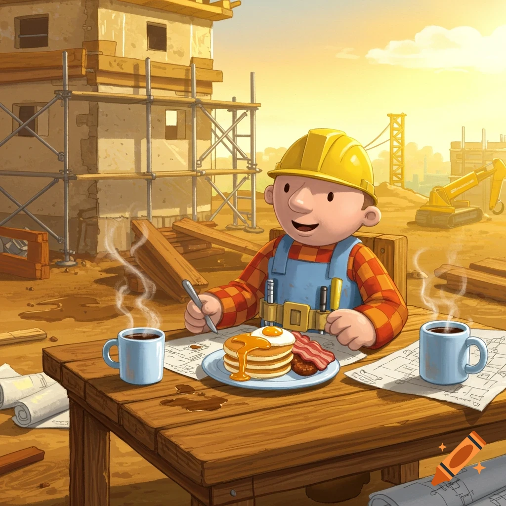 Cartoon Bob the Builder sits at a wooden table on a construction site, eating pancakes and bacon, with coffee and blueprints.