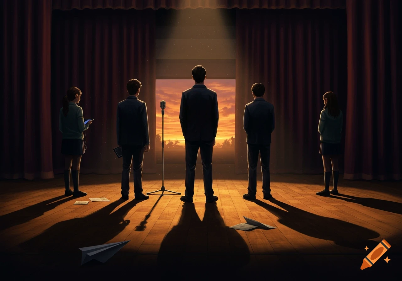 Dramatic illustration of five high school students on a dimly lit stage, viewed from behind, with a spotlight on a microphone and a sunset backdrop.