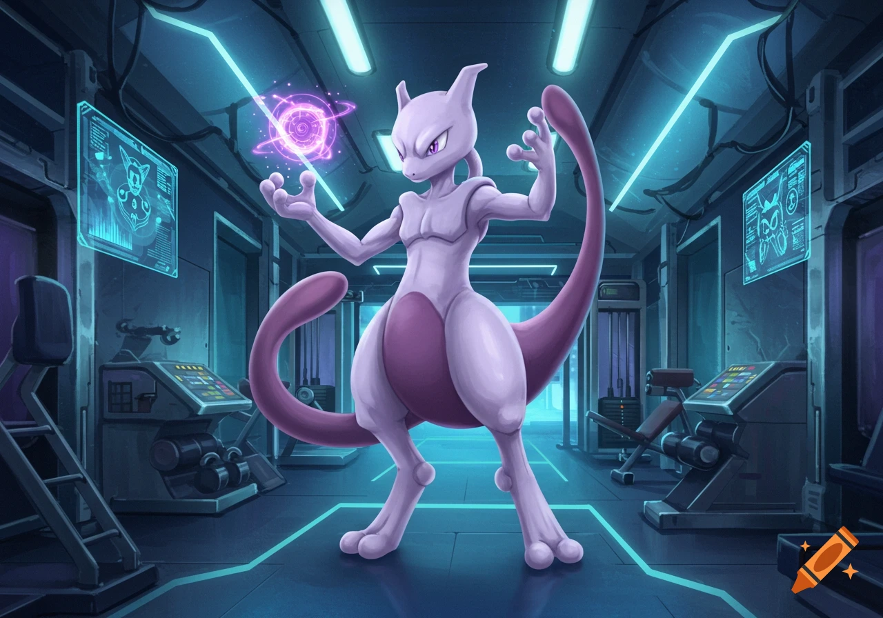 Mewtwo, a purple and white Pokémon, stands powerfully in a futuristic, neon-lit lab or gym, holding a glowing purple energy orb.