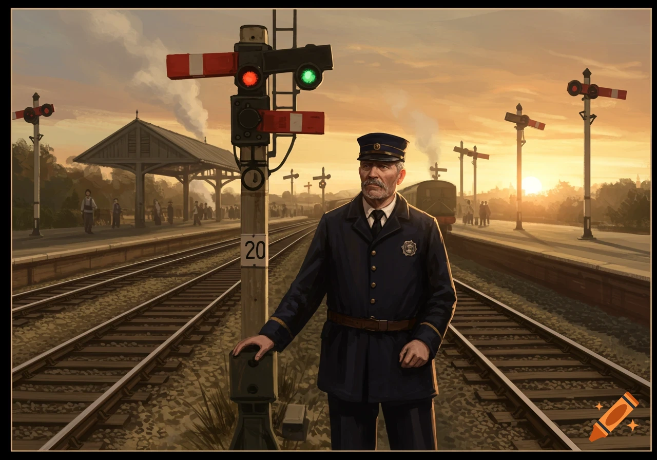 An older train conductor in uniform stands by a signal pole with a red and green light at a train station during sunset. Train tracks lead into the distance.