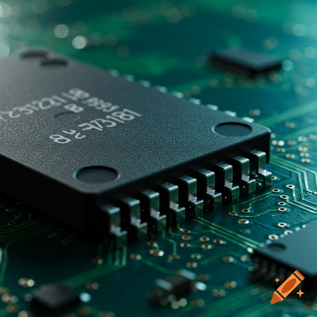 Close-up of a black microcontroller chip with pins on a green circuit board, with a shallow depth of field, photorealistic style.