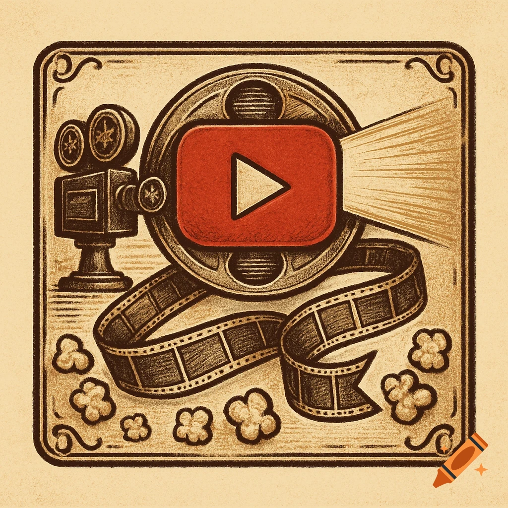 A vintage-style logo featuring a red YouTube play button, film reel, movie projector beam, film strip, and popcorn within a decorative frame.