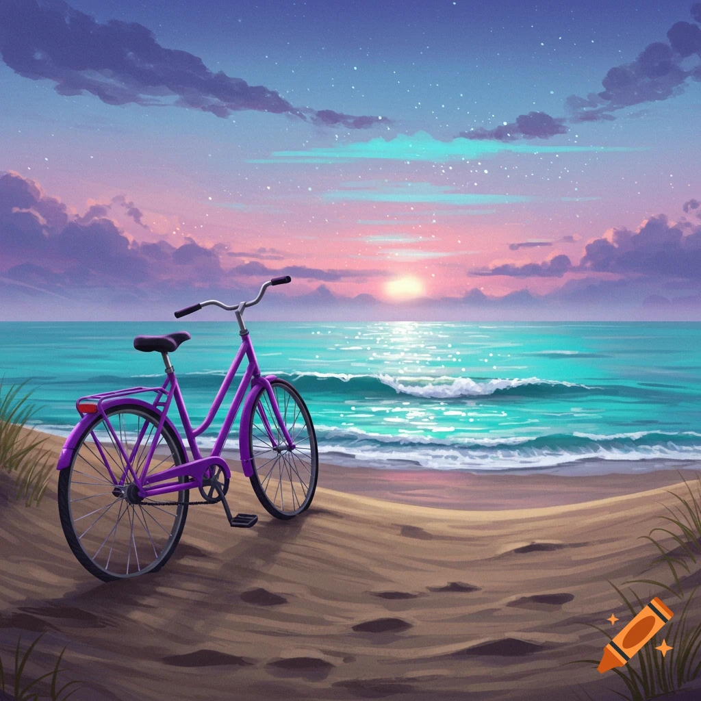 A vibrant purple bicycle rests on a sandy beach at sunset, with a beautiful sky over a turquoise ocean.