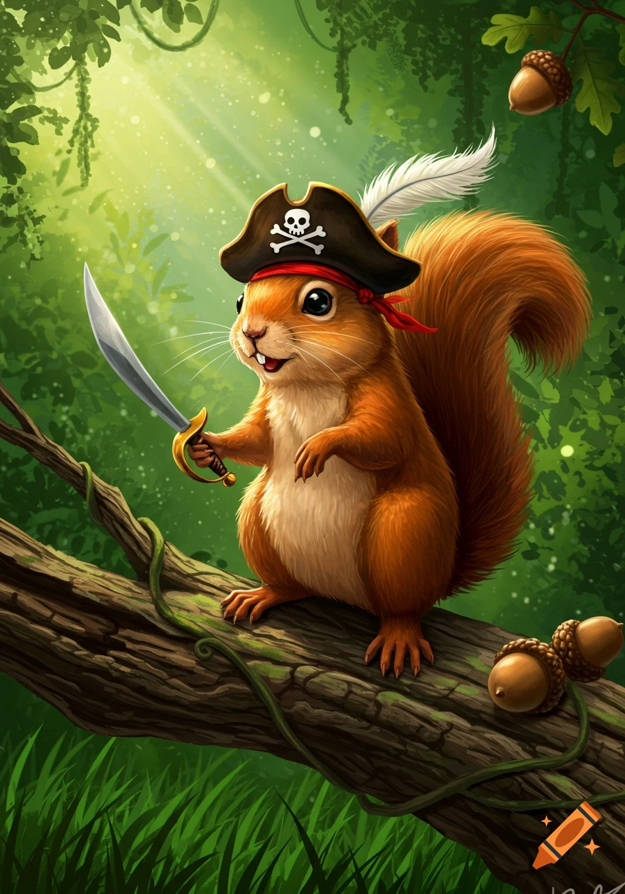 An adorable, detailed illustration of a cartoon squirrel dressed as a pirate, holding a sword, sitting on a log in a lush green forest.