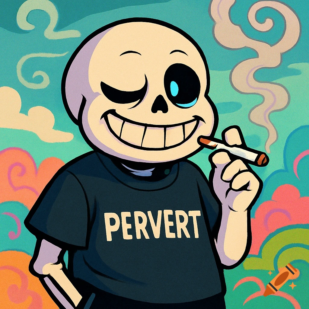 A cartoon skeleton character, Sans, winks and smiles while smoking a joint and wearing a black shirt that says 'PERVERT'.