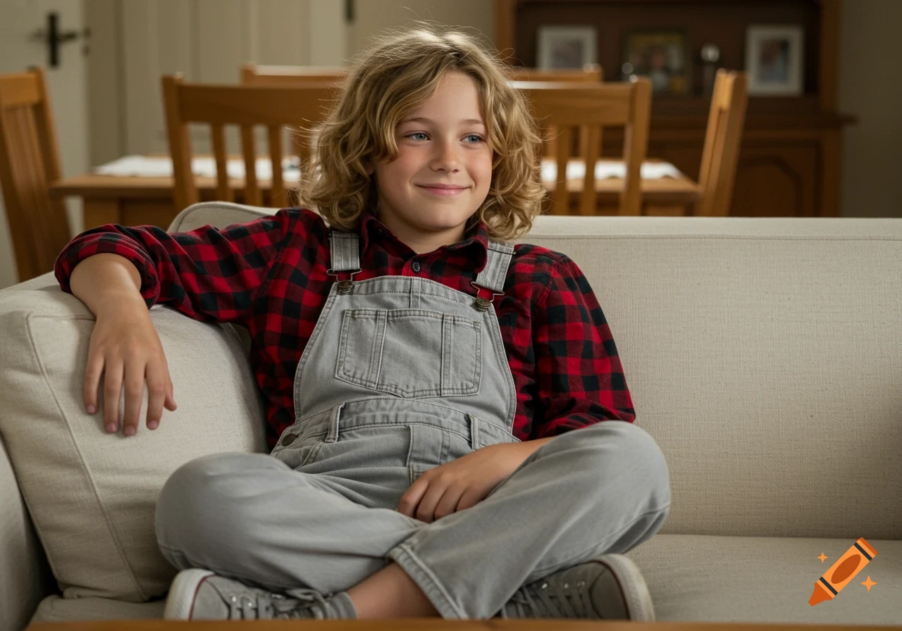 A smiling boy with blond curly hair sits on a cream sofa, wearing a red plaid shirt and grey overalls in a cozy living room. Photorealistic.