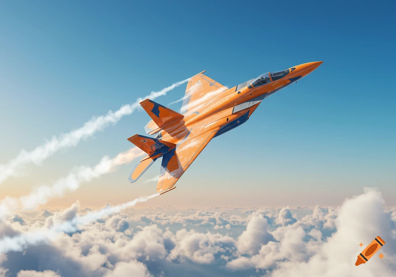 Photorealistic orange and blue camouflage fighter jet soaring through a blue sky above clouds, leaving contrails.