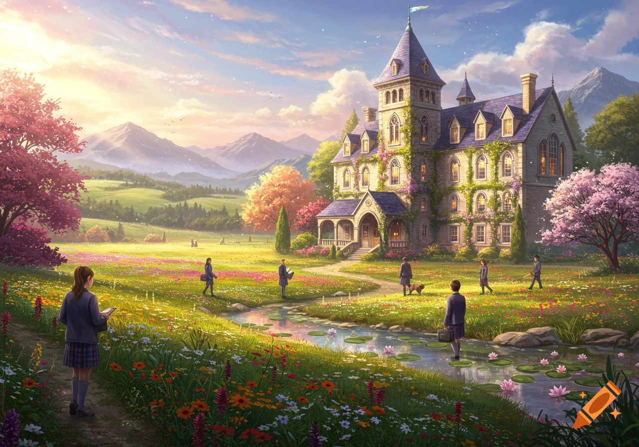 A vibrant, idyllic landscape featuring a grand, ivy-covered gothic boarding school, students, flowering trees, and a stream with lily pads, all under a colorful sunset sky.