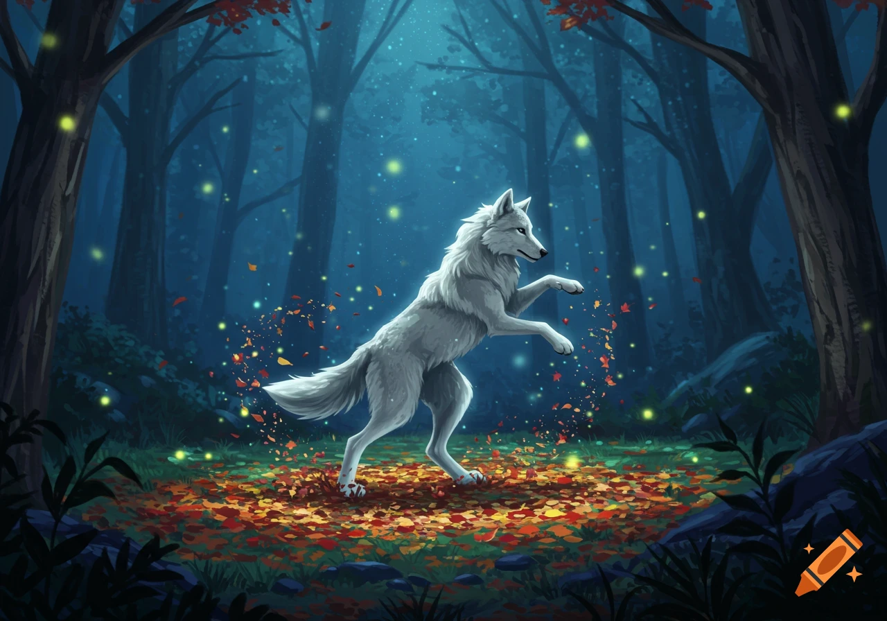 A white wolf dances in a mystical, dark forest with glowing fireflies and falling autumn leaves.