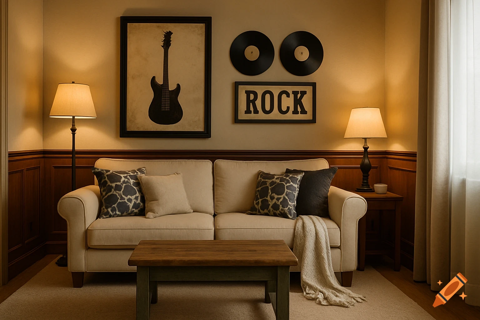 Cozy living room with a cream sofa, wooden coffee table, lamps, and rock-themed decor including a framed guitar and a 'ROCK' sign.