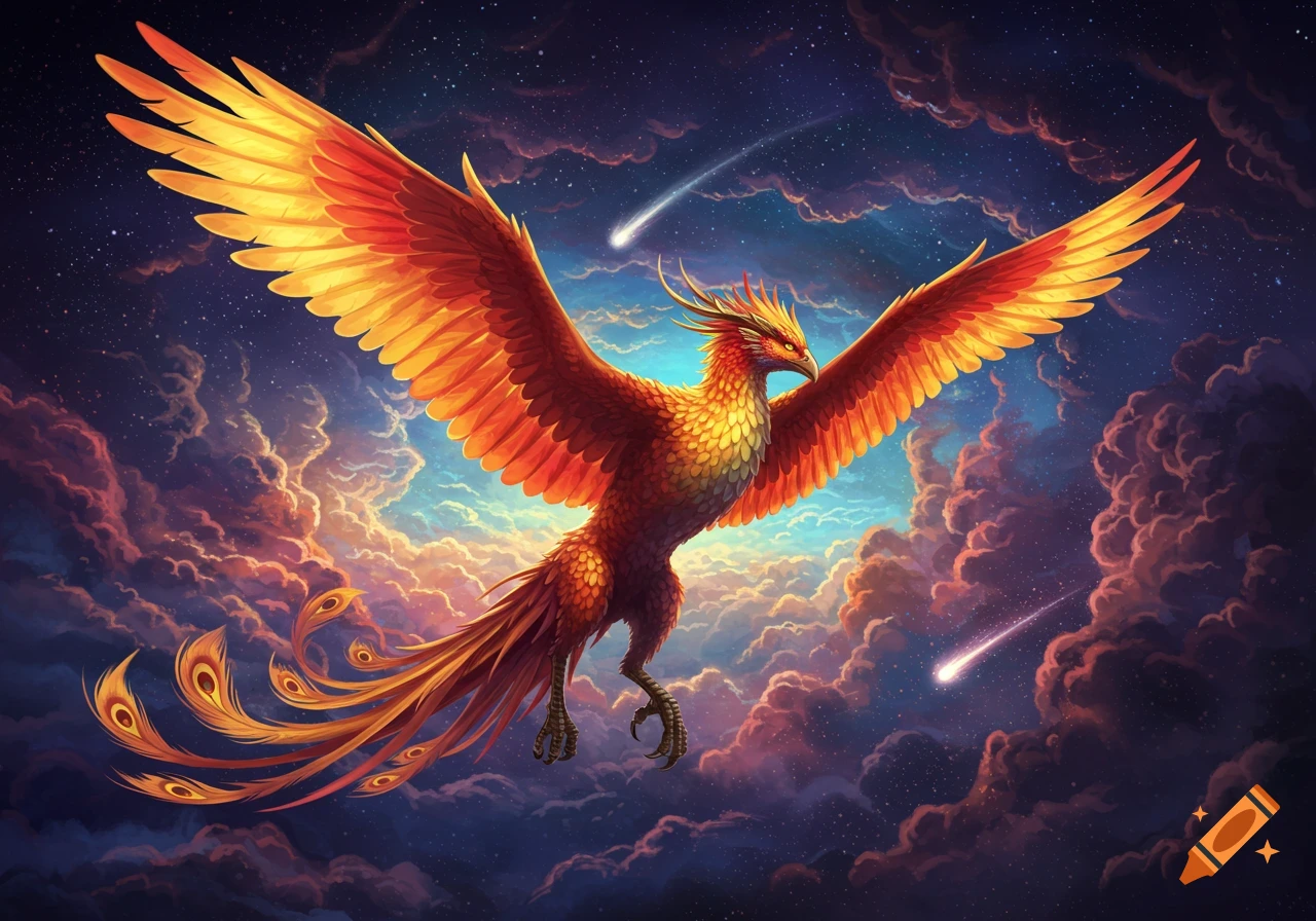 A vibrant, fiery phoenix with outstretched wings flies through a colorful cosmic sky filled with clouds and shooting stars.