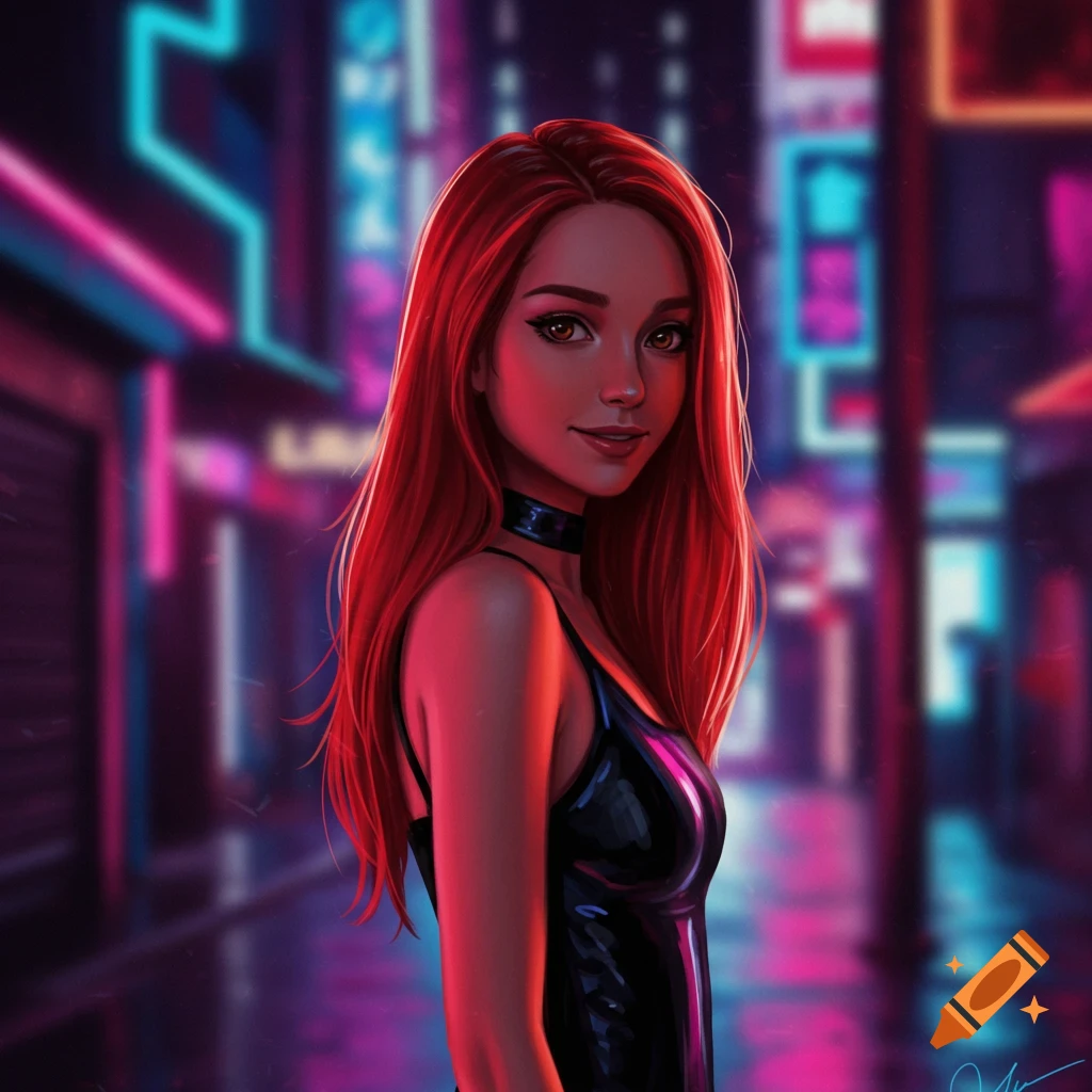 Digital art portrait of a red-haired woman in a black dress and choker, smiling, against a blurry neon city background.