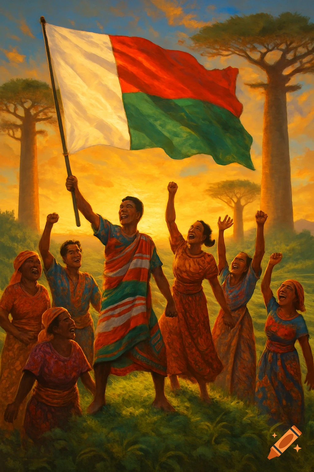 A group of Malagasy people joyfully celebrate, one holding the flag of Madagascar, in a vibrant, painterly scene with Baobab trees at sunset.