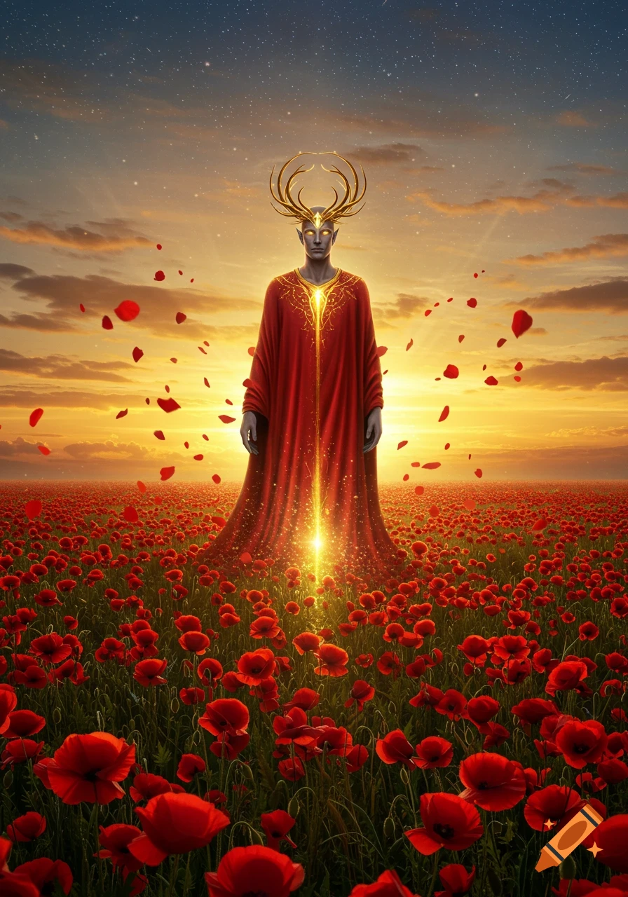 Majestic grey-skinned figure with golden antlers and red robe in a poppy field at sunset, with light emanating from chest and petals falling.
