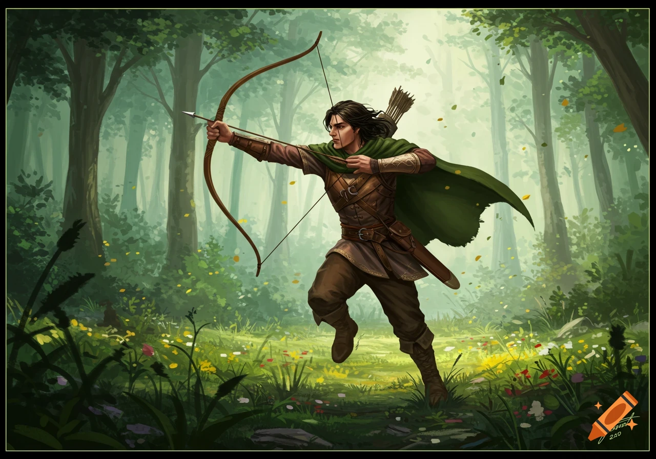 A male archer in fantasy attire runs through a vibrant green forest, drawing his bow. Digital painting style.