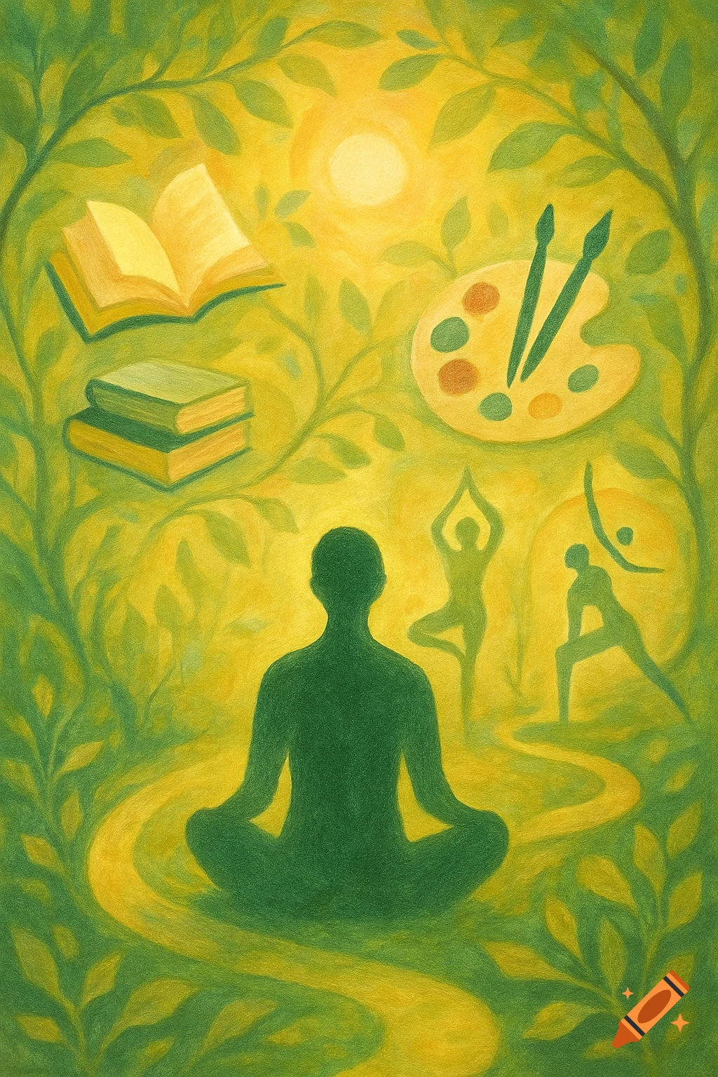 A person meditating in a lotus position, surrounded by leaves, books, a paint palette, and other figures practicing yoga. Illustrative style with green and yellow hues.