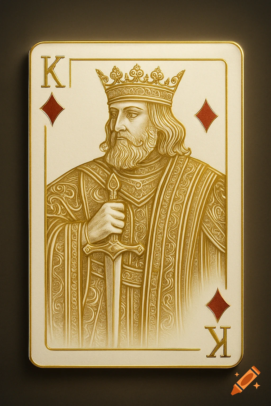 An embossed gold and white King of Diamonds playing card featuring a bearded king holding a sword.