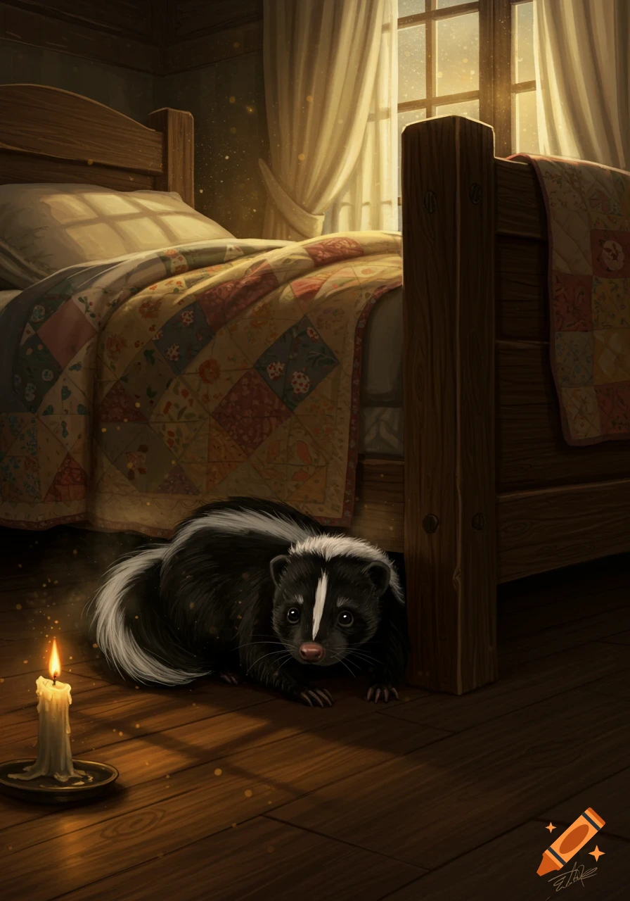 Illustrative skunk peeking from under a wooden bed in a cozy, sunlit room with a lit candle.