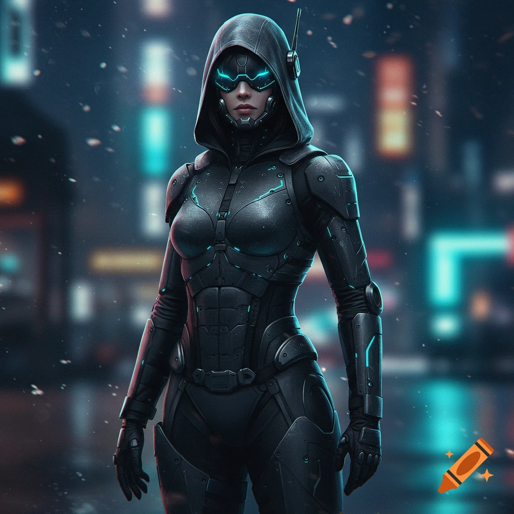 Photorealistic female in a dark, hooded, futuristic armored suit with glowing blue visor, standing in a neon cyberpunk city.
