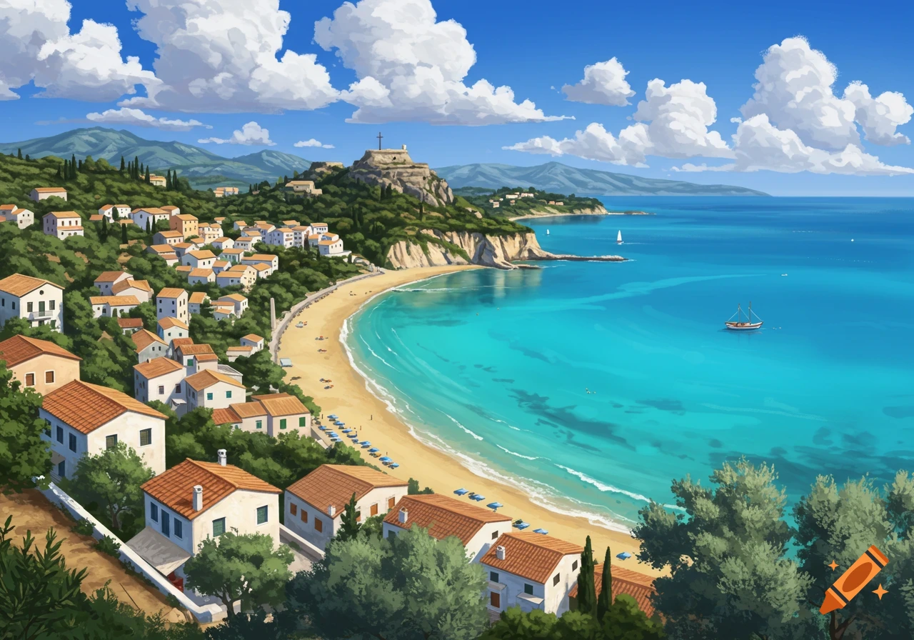 An illustrated aerial view of a vibrant blue bay with a sandy beach, a white-washed village, and green hills under a cloudy sky.