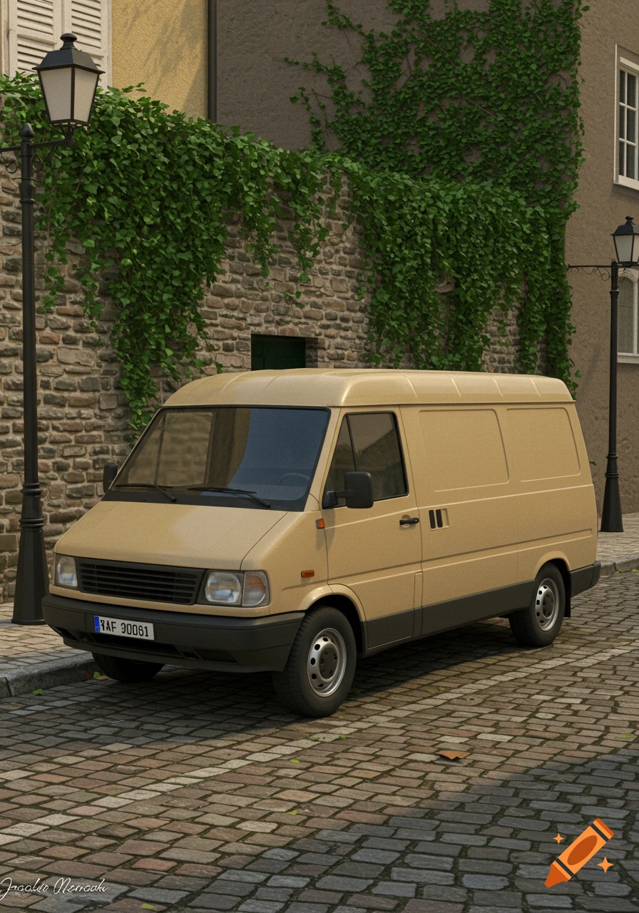 A beige van with a dark bumper is parked on a cobblestone street next to a stone building covered in green ivy. Two black lampposts are also visible.
