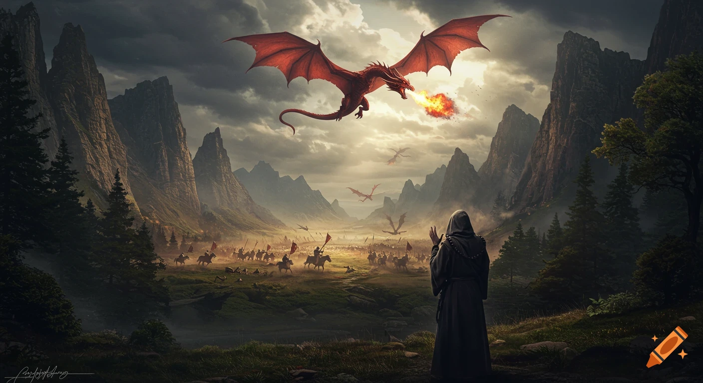 Photorealistic scene of a red dragon breathing fire over a valley where armies battle, watched by a hooded monk with raised hands.