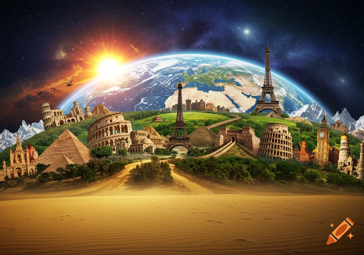A surreal landscape with iconic world landmarks on green hills, desert foreground, Earth in the starry sky and a bright sun.