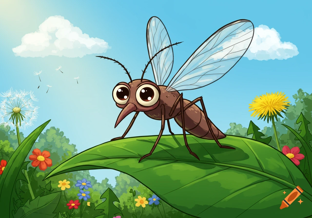 A cartoon mosquito with large eyes stands on a green leaf in a vibrant outdoor scene with dandelions and colorful flowers under a blue sky.