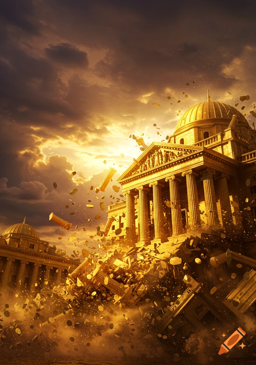 A majestic golden bank building dramatically collapsing, with debris and coins scattering under a stormy sky.