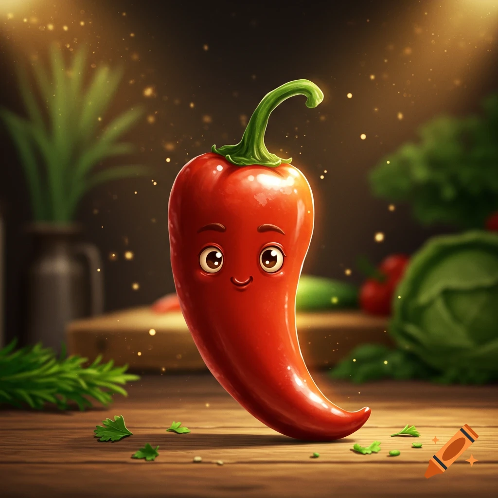 A cute, smiling cartoon red chili pepper with big eyes stands on a wooden surface in a kitchen setting.